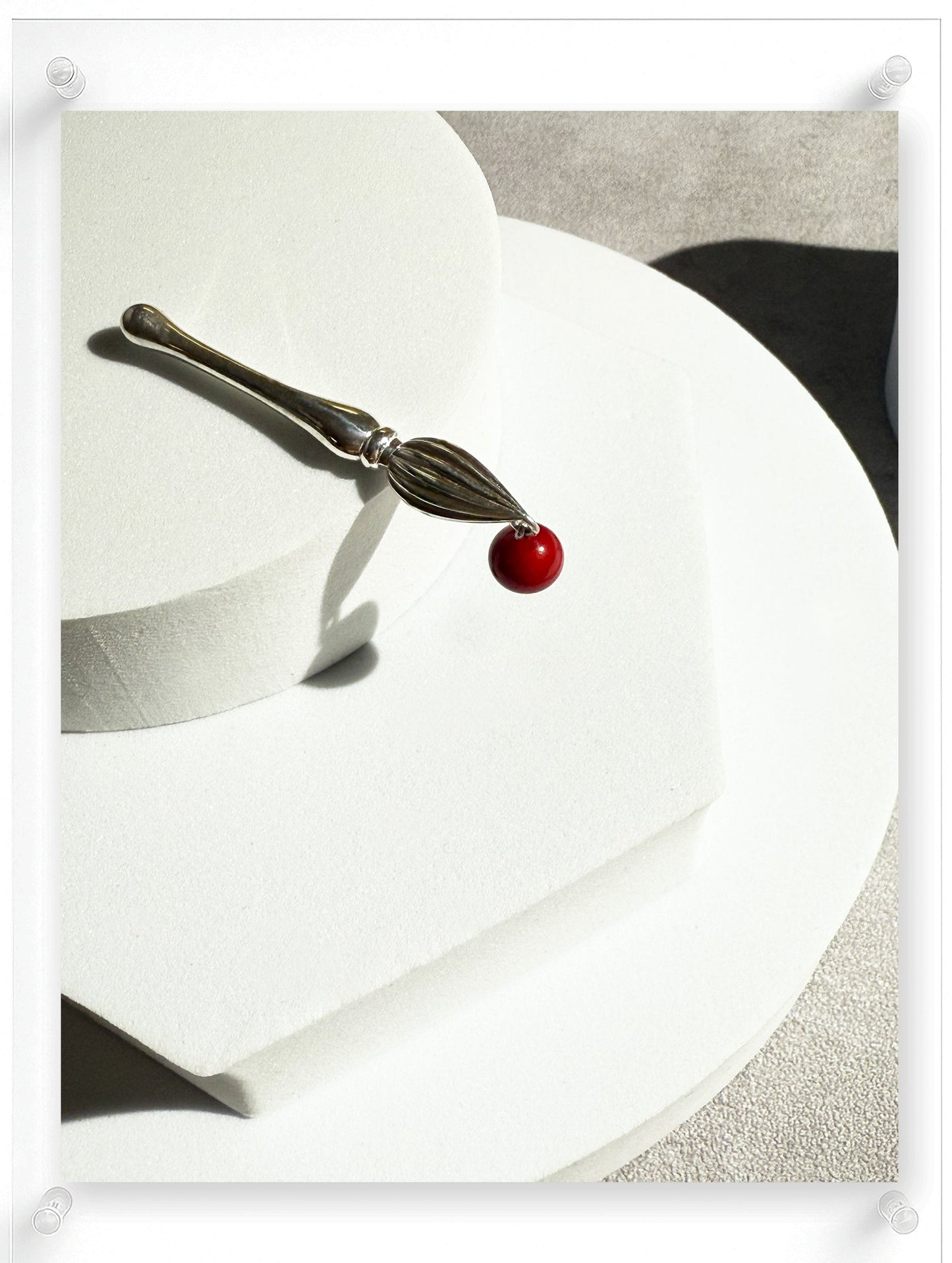 Sterling Silver Brush Inspired Brooch with Dyed Coral Sphere by Ella Yoo Jewelry