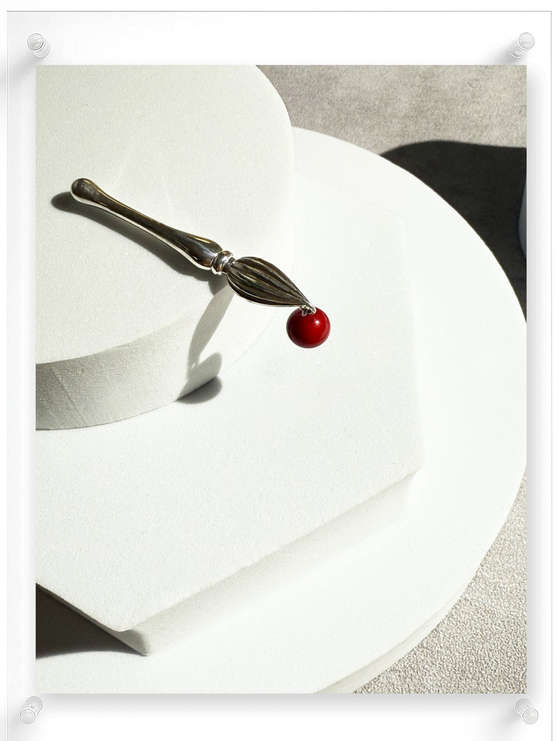 Sterling Silver Brush Inspired Brooch with Dyed Coral Sphere by Ella Yoo Jewelry