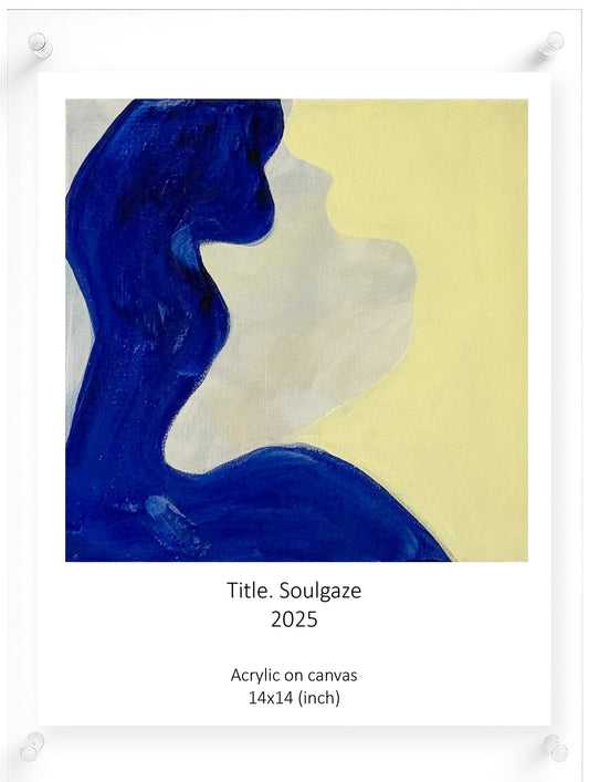 An abstract acrylic canvas print titled 'Soulgaze 2025' showing a profile silhouette in deep blue and cream on a pale yellow background, displayed on a white poster board with text below and corner fasteners visible.